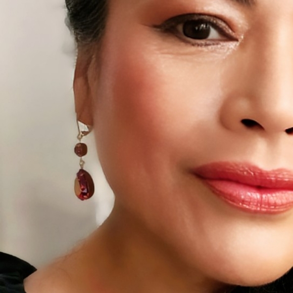 Fiery Fuchsia Flower & Mettalic AB Earrings In Gold Plated - Picture 8 of 10